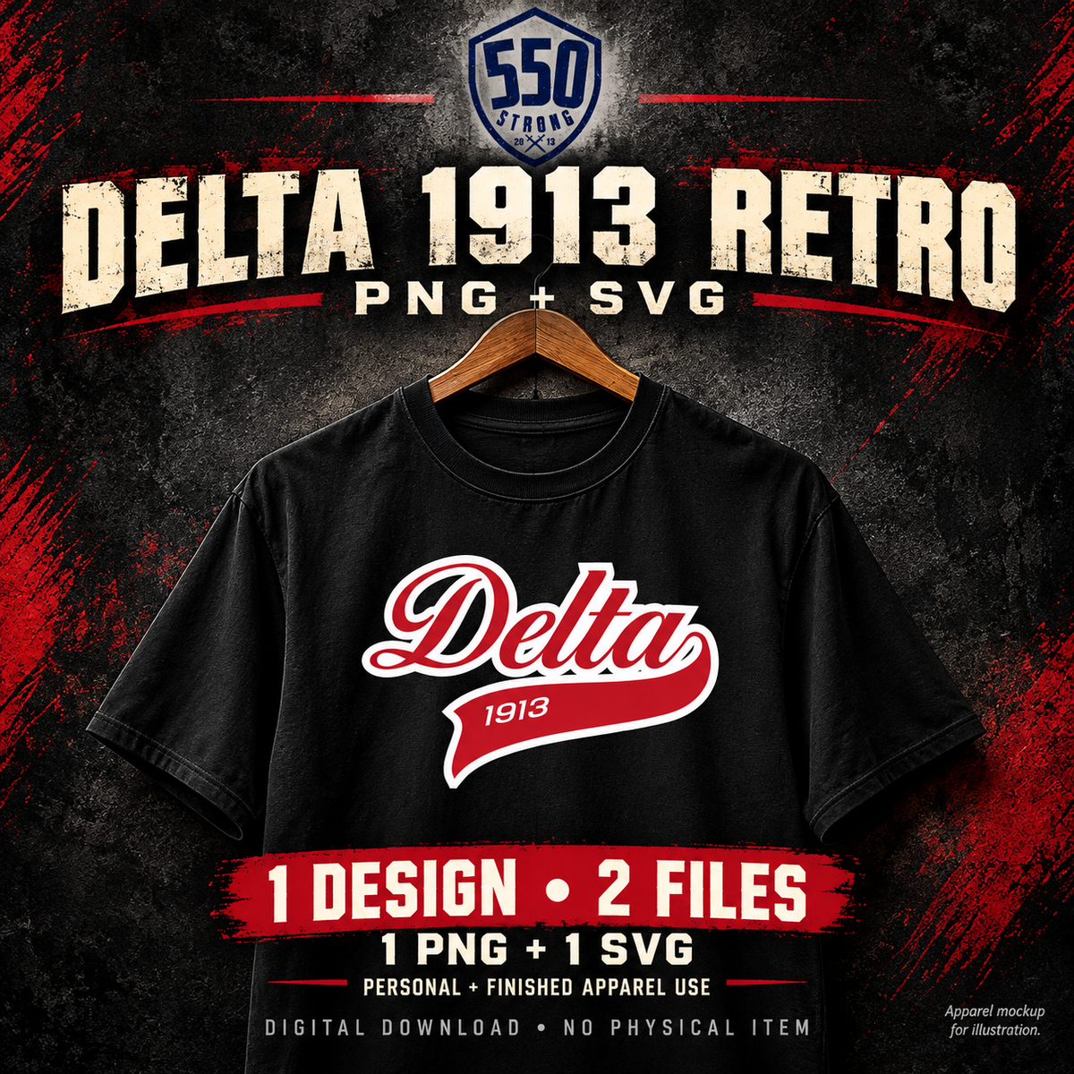 Delta 1913 retro PNG + SVG digital design, one design and two artwork files. Black shirt shown as an illustrative mockup.