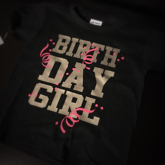 Birthday Girl T-Shirt (Black with Silver and Hot Pink Graphics) - 550strong