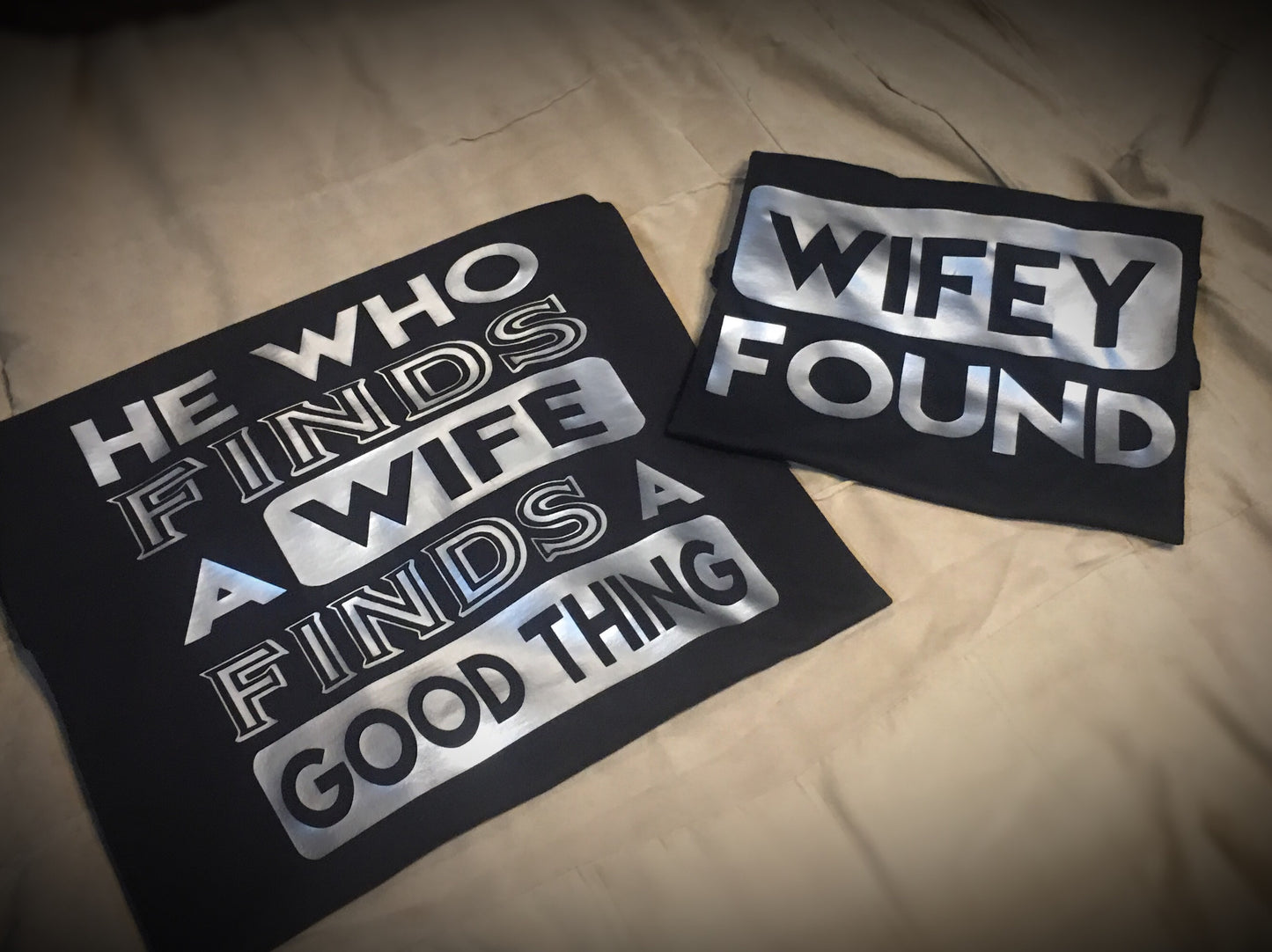 Family - He Who Finds A Wife/Wifey Found T-Shirt - Black/Silver Graphics Edition